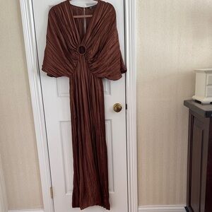 Brown Long Pleated Maxi Dress with Ring Detail